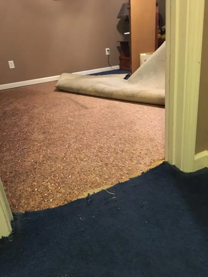 Carpet pad removal revealing water damage during Water Mitigation Services in Lithia Springs